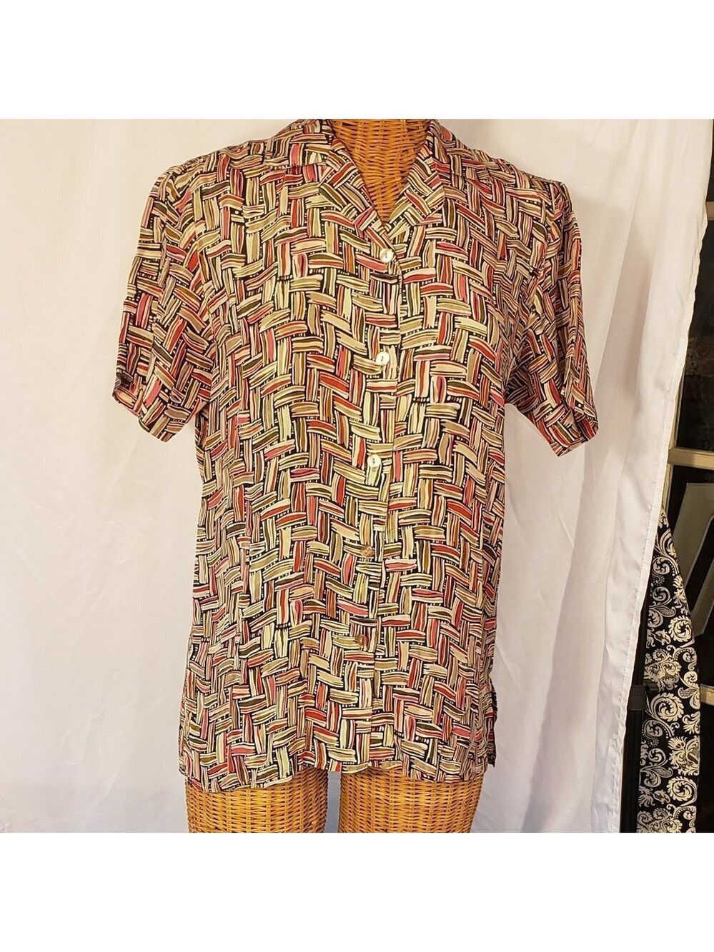 Ladies Vintage STUNT Silk Blouse in Basketweave Pattern - S